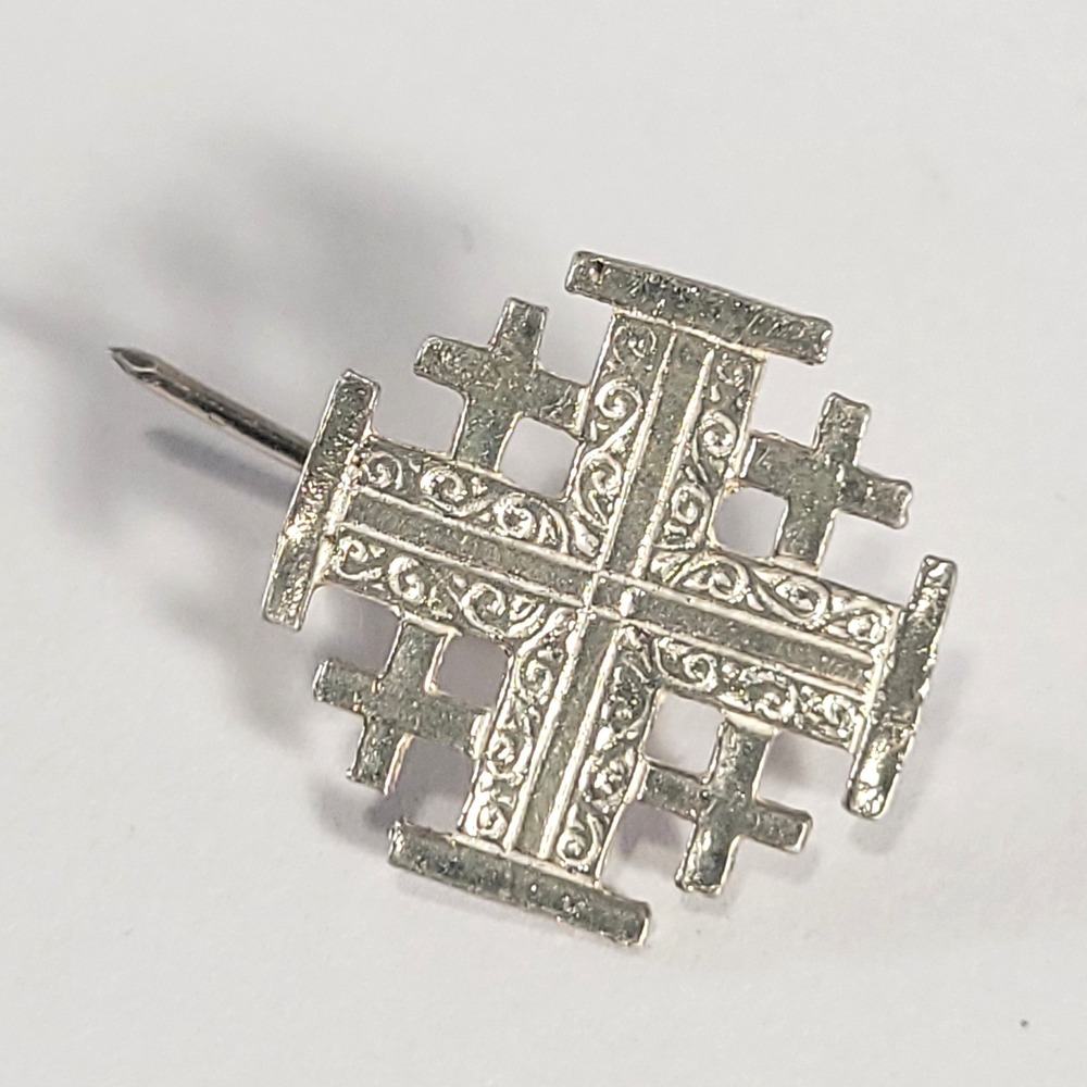 Silver Sterling Jerusalem Cross Brooch 925 Engraved Scroll Extended Pin
